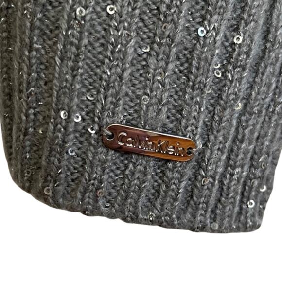 Calvin Klein Gray White Herringbone Striped Knit Winter Scarf Sparkle Sequin - Picture 5 of 6